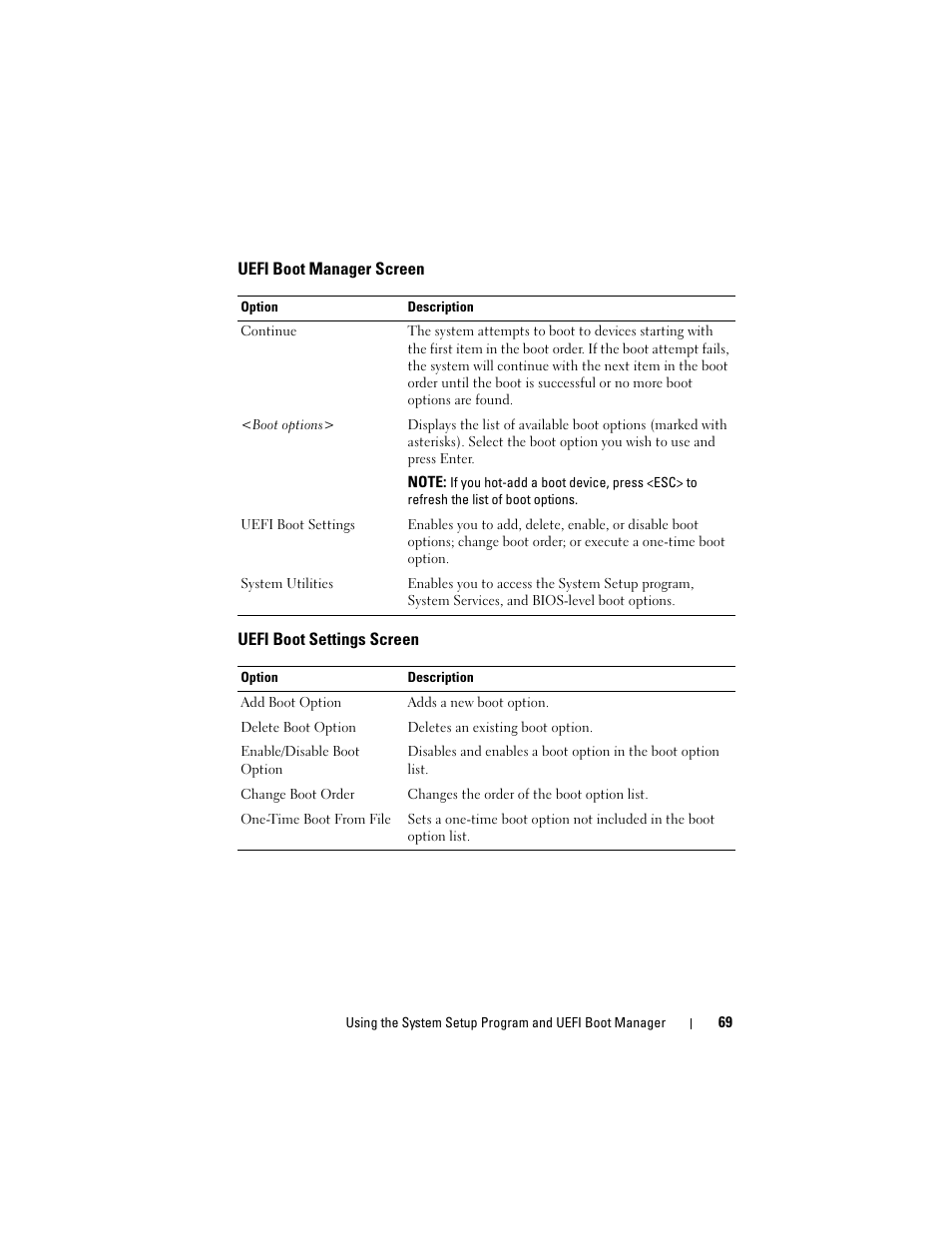 Uefi boot manager screen, Uefi boot settings screen | Dell PowerVault NX3000 User Manual | Page 69 / 200