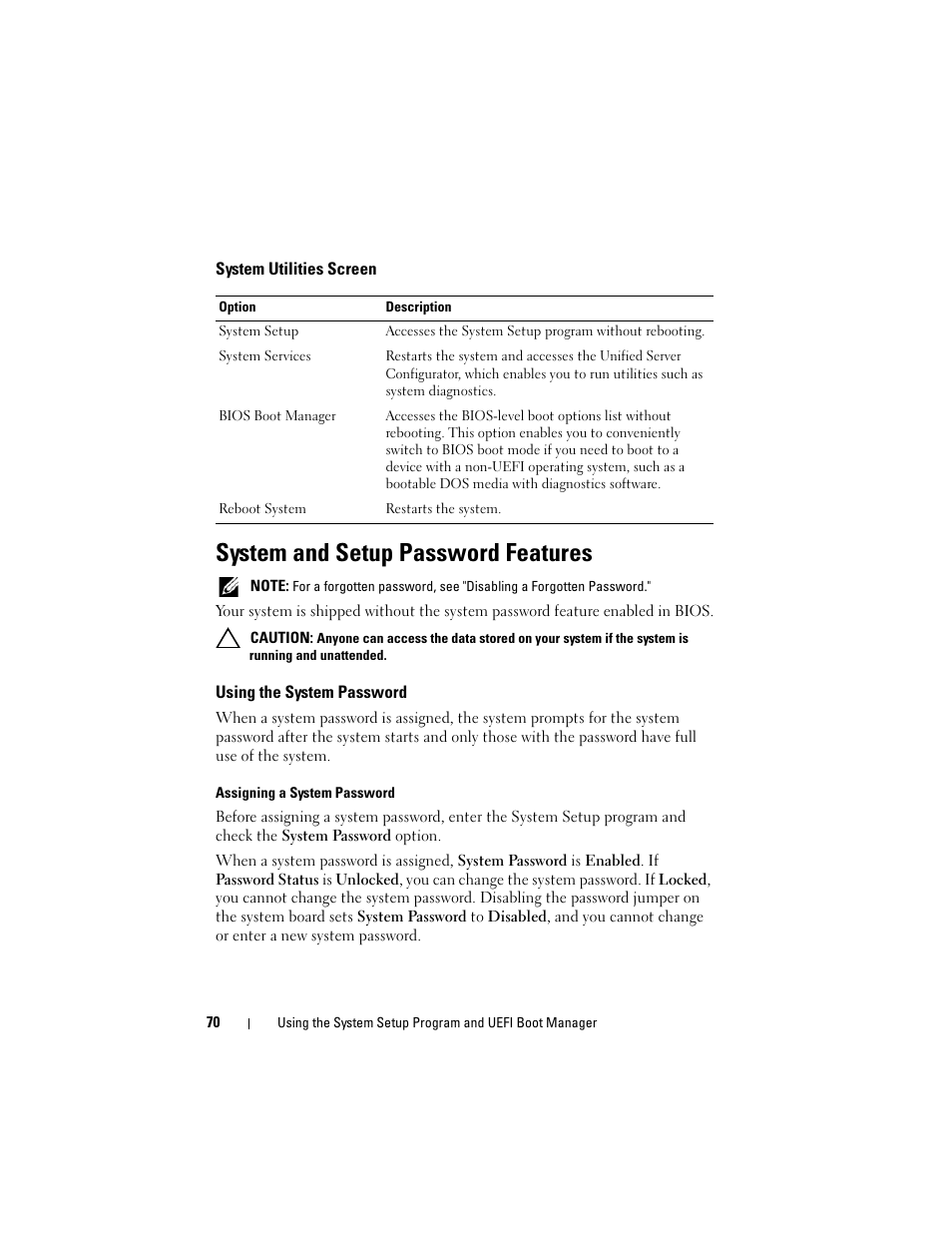 System utilities screen, System and setup password features, Using the system password | Using the system password," an | Dell PowerVault NX3000 User Manual | Page 70 / 200