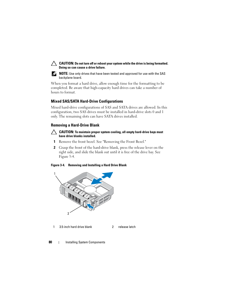 Mixed sas/sata hard-drive configurations, Removing a hard-drive blank | Dell PowerVault NX3000 User Manual | Page 80 / 200