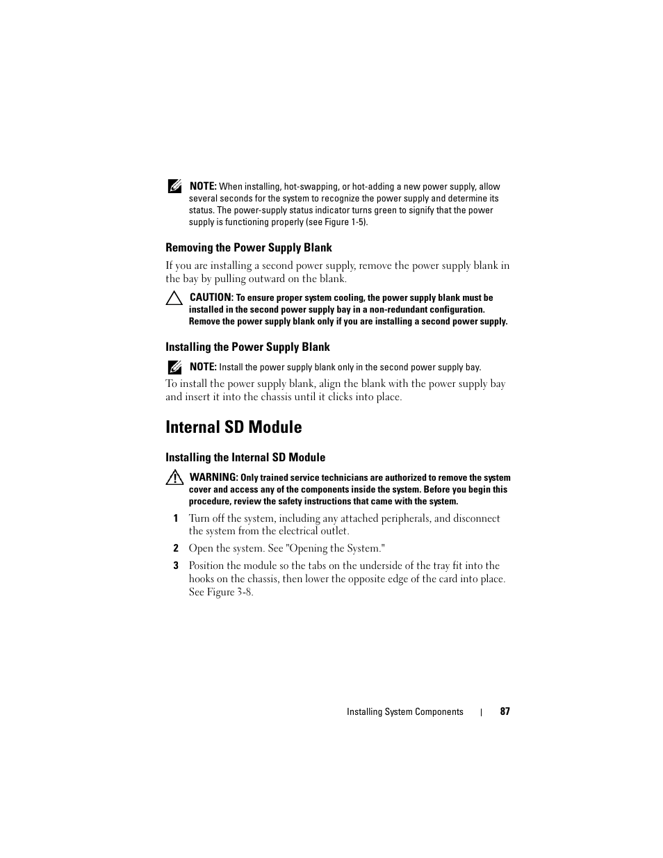 Removing the power supply blank, Installing the power supply blank, Internal sd module | Installing the internal sd module | Dell PowerVault NX3000 User Manual | Page 87 / 200