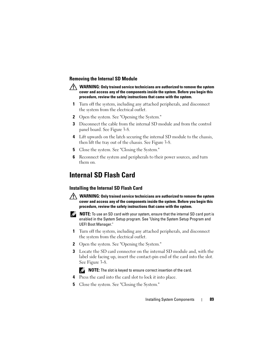 Removing the internal sd module, Internal sd flash card, Installing the internal sd flash card | Dell PowerVault NX3000 User Manual | Page 89 / 200