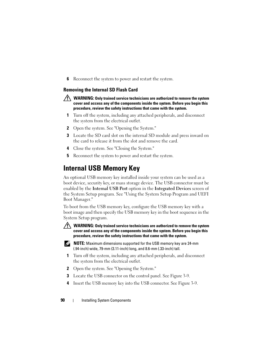 Removing the internal sd flash card, Internal usb memory key | Dell PowerVault NX3000 User Manual | Page 90 / 200