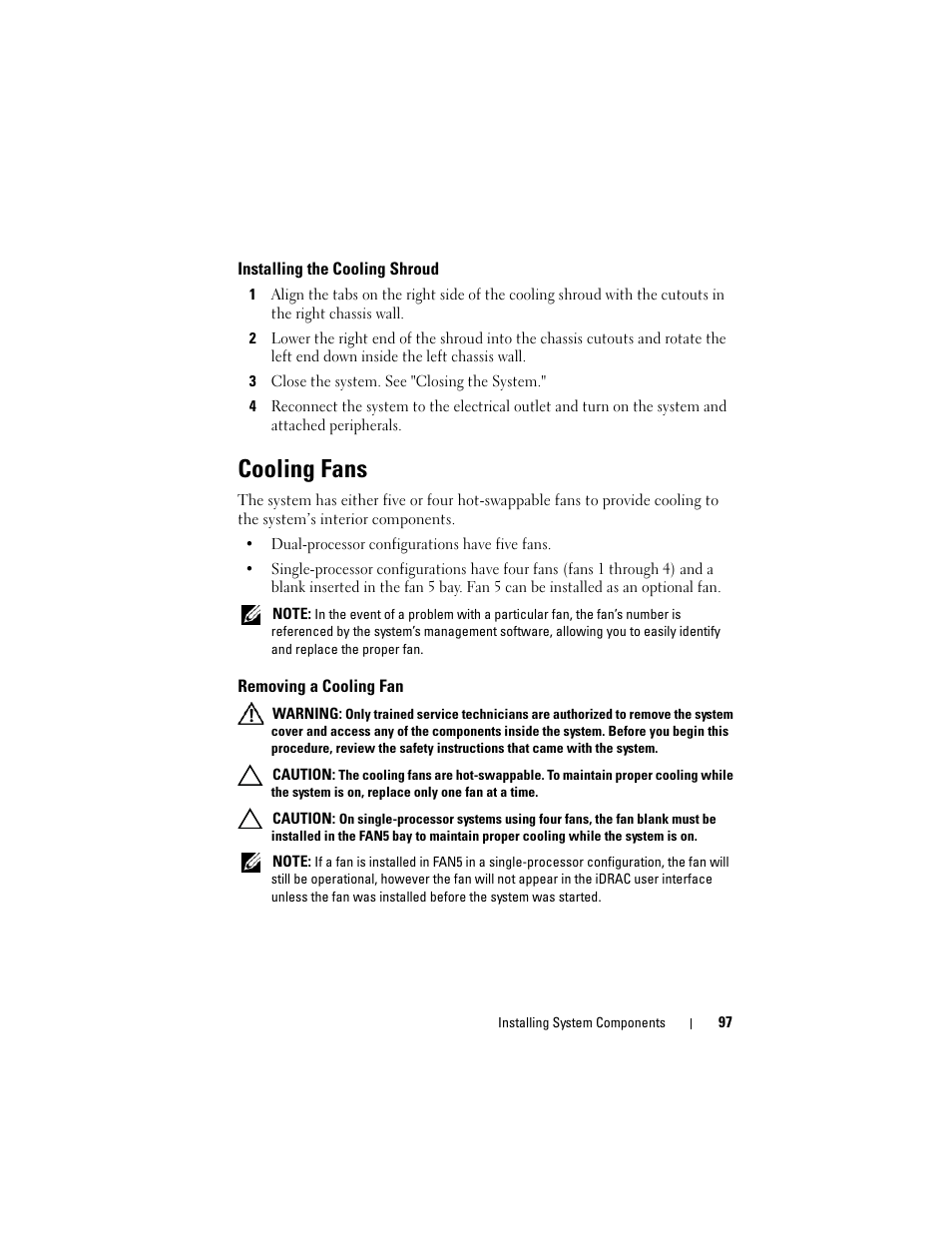 Installing the cooling shroud, Cooling fans, Removing a cooling fan | Dell PowerVault NX3000 User Manual | Page 97 / 200