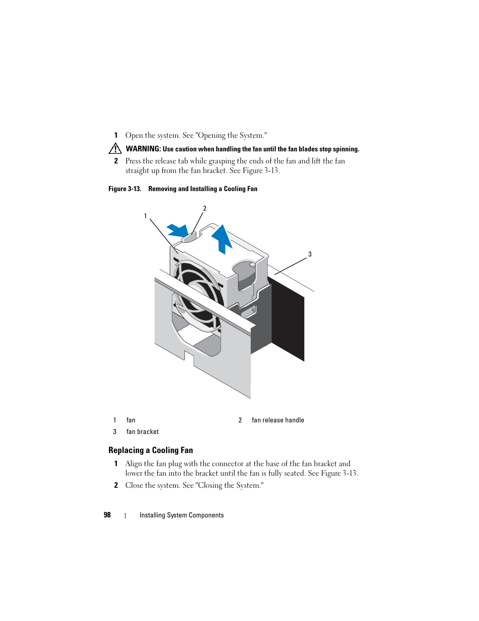Replacing a cooling fan | Dell PowerVault NX3000 User Manual | Page 98 / 200