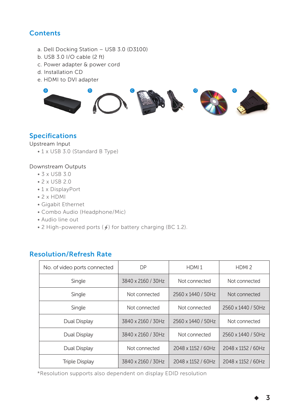 3contents, Specifications, Resolution/refresh rate | Dell USB3.0 dock D3100 User Manual | Page 3 / 11