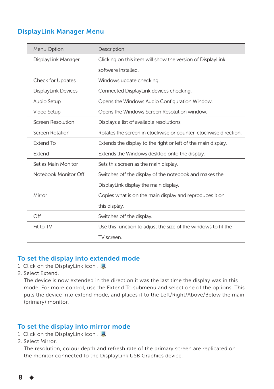 Displaylink manager menu | Dell USB3.0 dock D3100 User Manual | Page 8 / 11