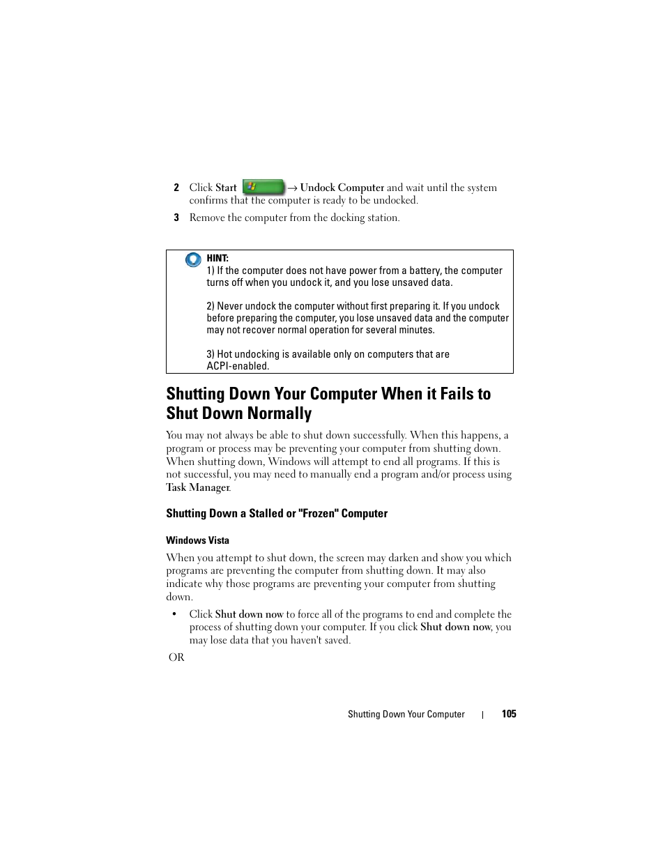 Shutting down a stalled or "frozen" computer | Dell Studio 1749 (Early 2010) User Manual | Page 105 / 354