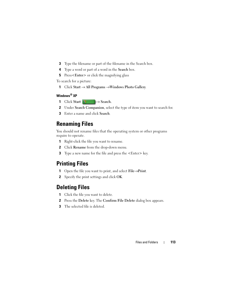 Renaming files, Printing files, Deleting files | Dell Studio 1749 (Early 2010) User Manual | Page 113 / 354