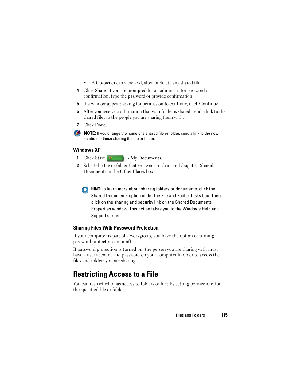 Windows xp, Sharing files with password protection, Restricting access to a file | Dell Studio 1749 (Early 2010) User Manual | Page 115 / 354