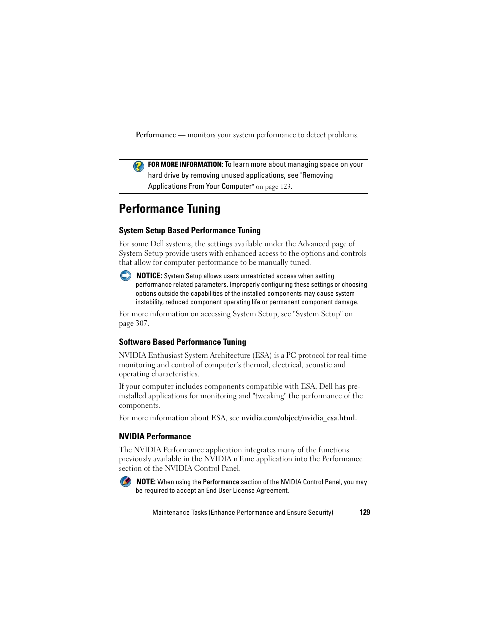 Performance tuning, System setup based performance tuning, Software based performance tuning | Nvidia performance | Dell Studio 1749 (Early 2010) User Manual | Page 129 / 354