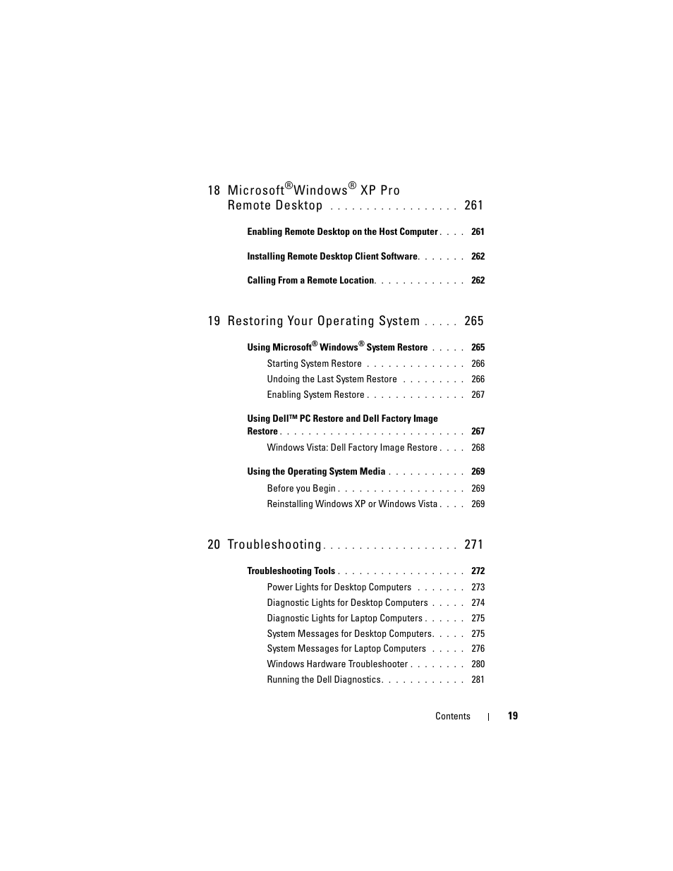 18 microsoft, Windows, Xp pro remote desktop | 19 restoring your operating system, 20 troubleshooting | Dell Studio 1749 (Early 2010) User Manual | Page 19 / 354