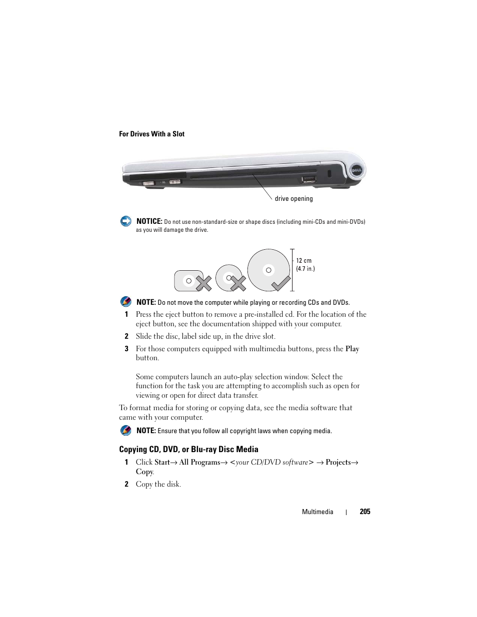 Copying cd, dvd, or blu-ray disc media | Dell Studio 1749 (Early 2010) User Manual | Page 205 / 354