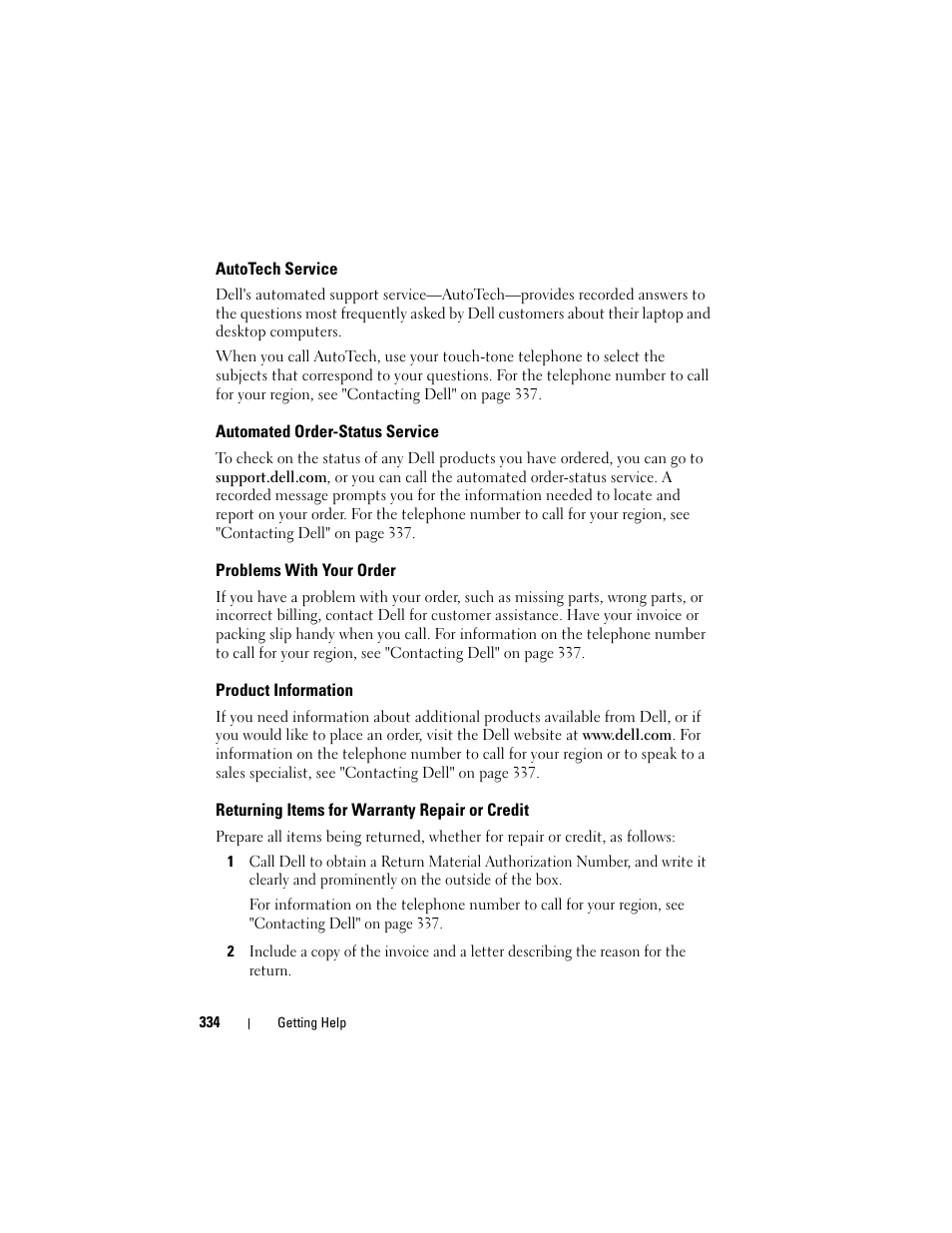 Autotech service, Automated order-status service, Problems with your order | Product information, Returning items for warranty repair or credit | Dell Studio 1749 (Early 2010) User Manual | Page 334 / 354