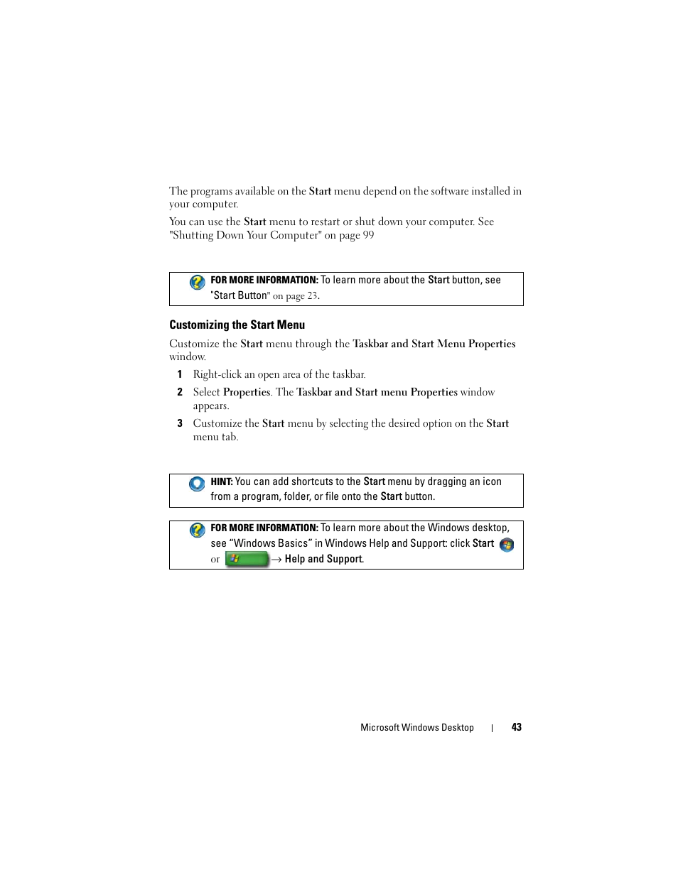 Customizing the start menu | Dell Studio 1749 (Early 2010) User Manual | Page 43 / 354