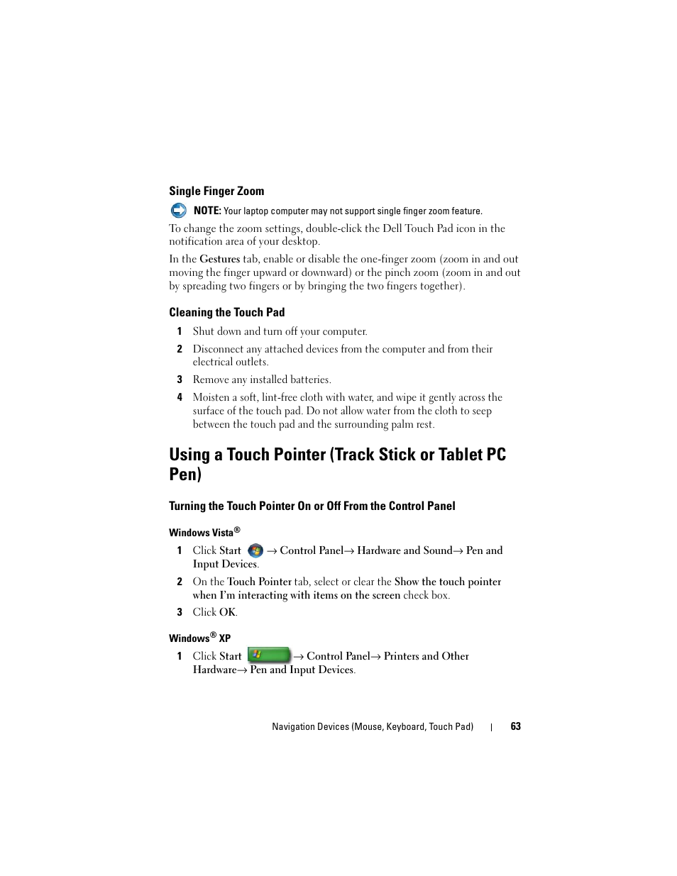 Single finger zoom, Cleaning the touch pad | Dell Studio 1749 (Early 2010) User Manual | Page 63 / 354