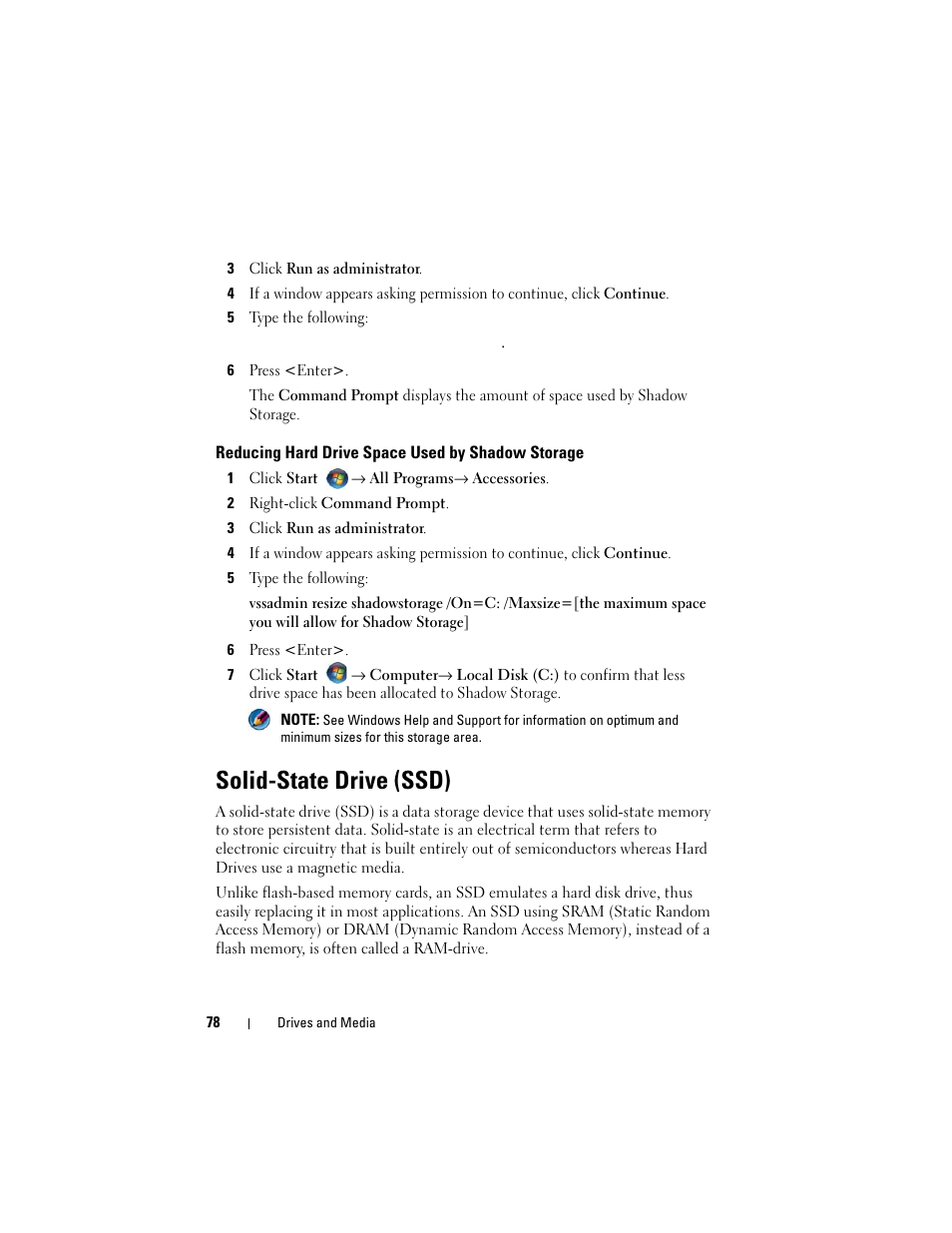 Reducing hard drive space used by shadow storage, Solid-state drive (ssd) | Dell Studio 1749 (Early 2010) User Manual | Page 78 / 354