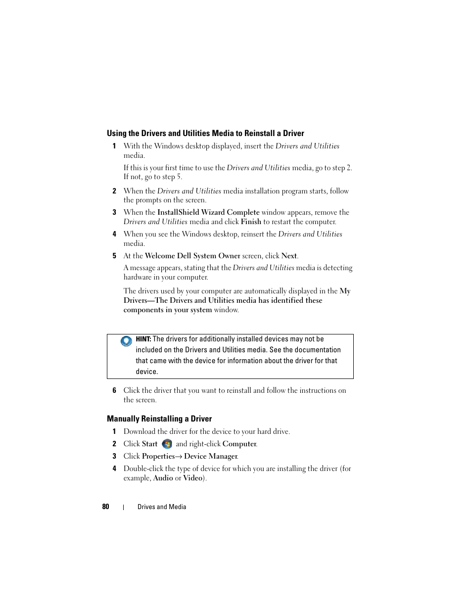 Manually reinstalling a driver | Dell Studio 1749 (Early 2010) User Manual | Page 80 / 354