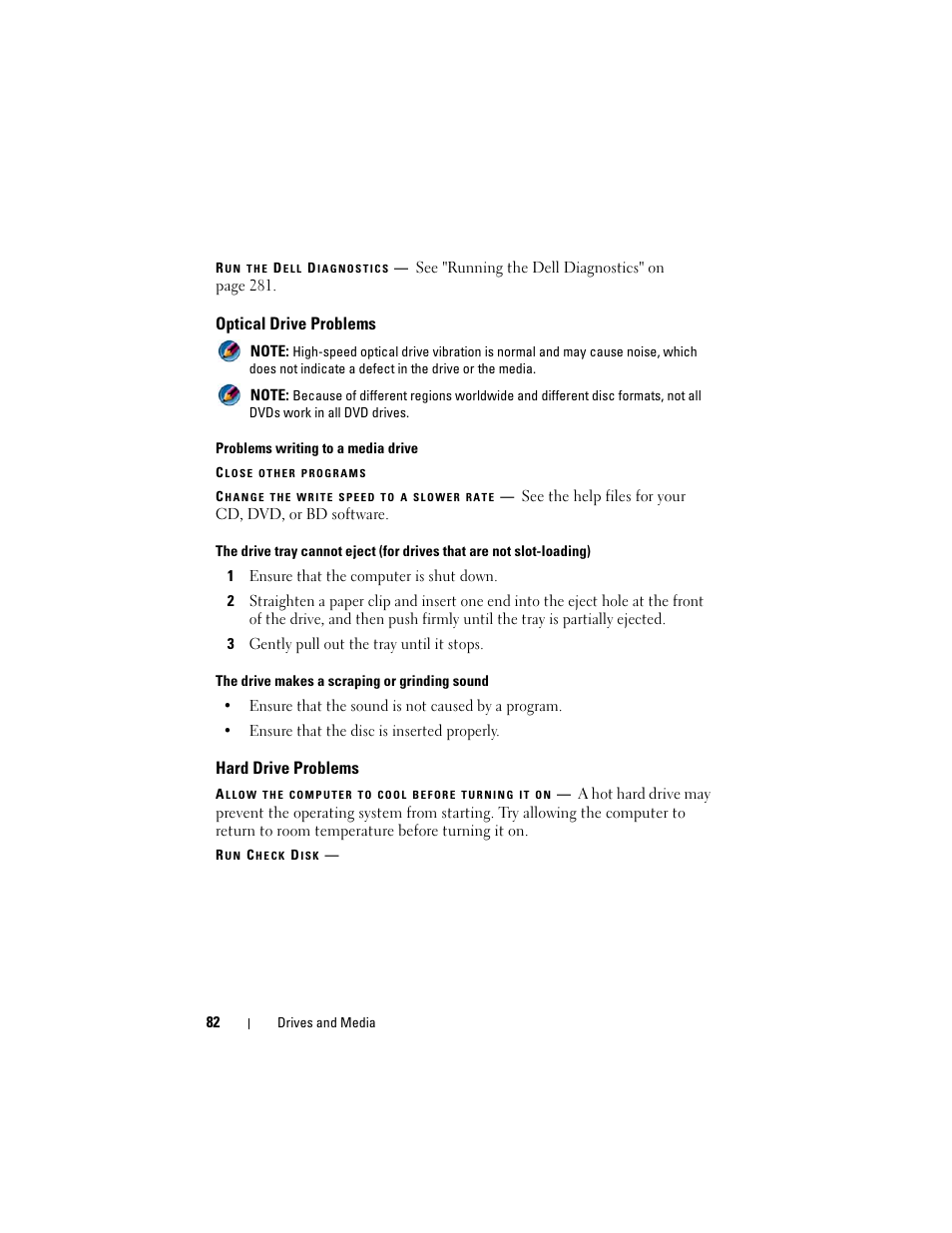 Optical drive problems, Hard drive problems | Dell Studio 1749 (Early 2010) User Manual | Page 82 / 354