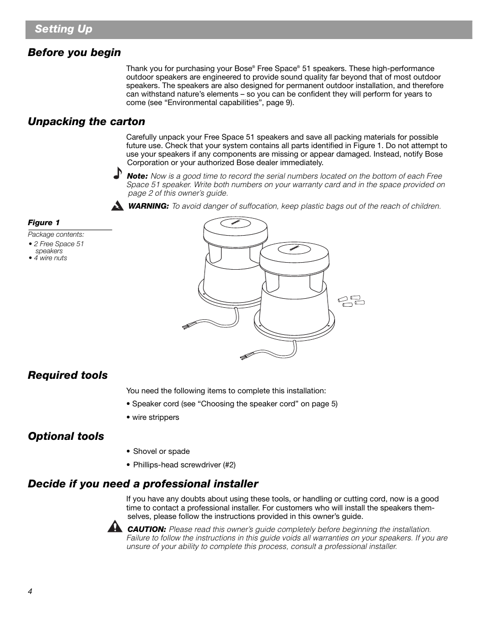 Setting up, Before you begin, Unpacking the carton | Required tools, Optional tools, Decide if you need a professional installer | Bose AM268612 User Manual | Page 4 / 10
