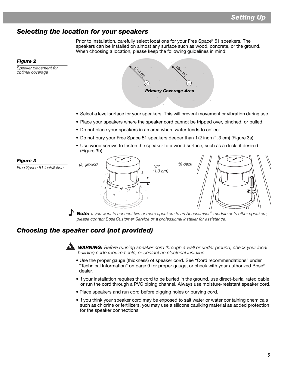 Setting up, Selecting the location for your speakers, Choosing the speaker cord (not provided) | Bose AM268612 User Manual | Page 5 / 10