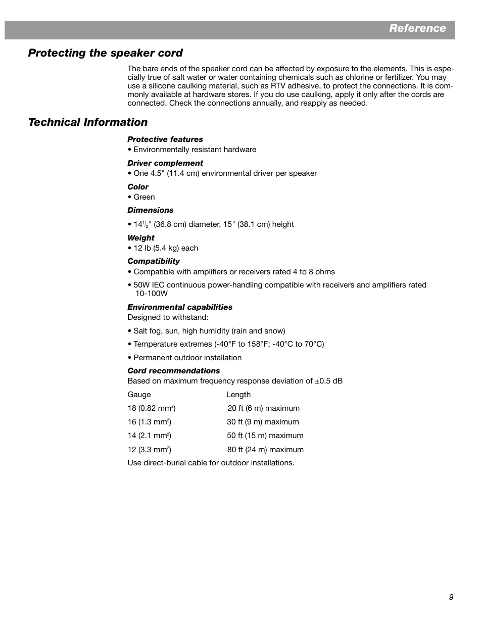 Reference, Protecting the speaker cord, Technical information | Bose AM268612 User Manual | Page 9 / 10