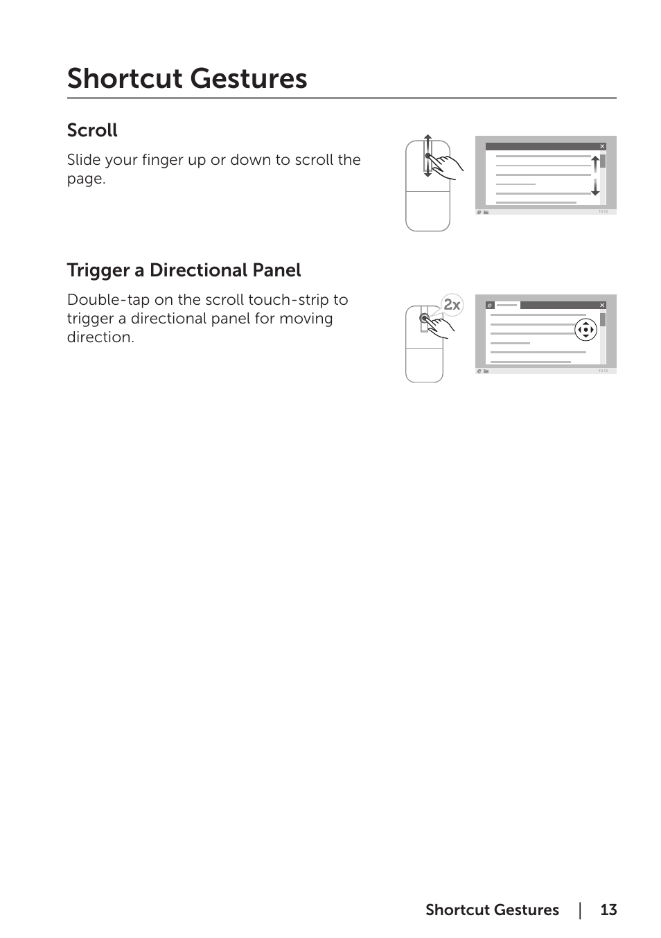 Shortcut gestures, Scroll, Trigger a directional panel | Scroll trigger a directional panel | Dell Bluetooth Mouse WM615 User Manual | Page 13 / 23