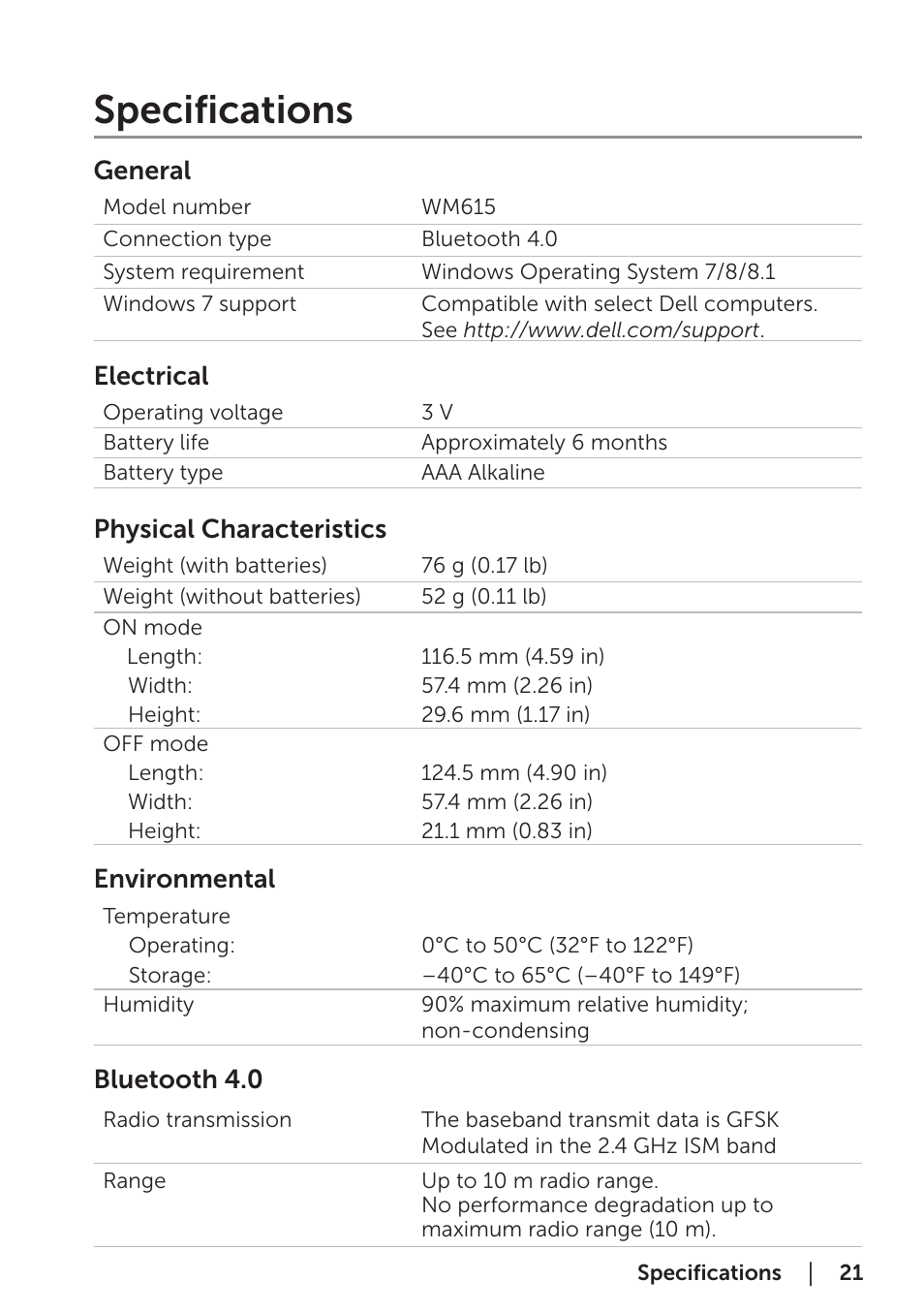 Specifications, General, Electrical | Physical characteristics, Environmental, Bluetooth 4.0 | Dell Bluetooth Mouse WM615 User Manual | Page 21 / 23