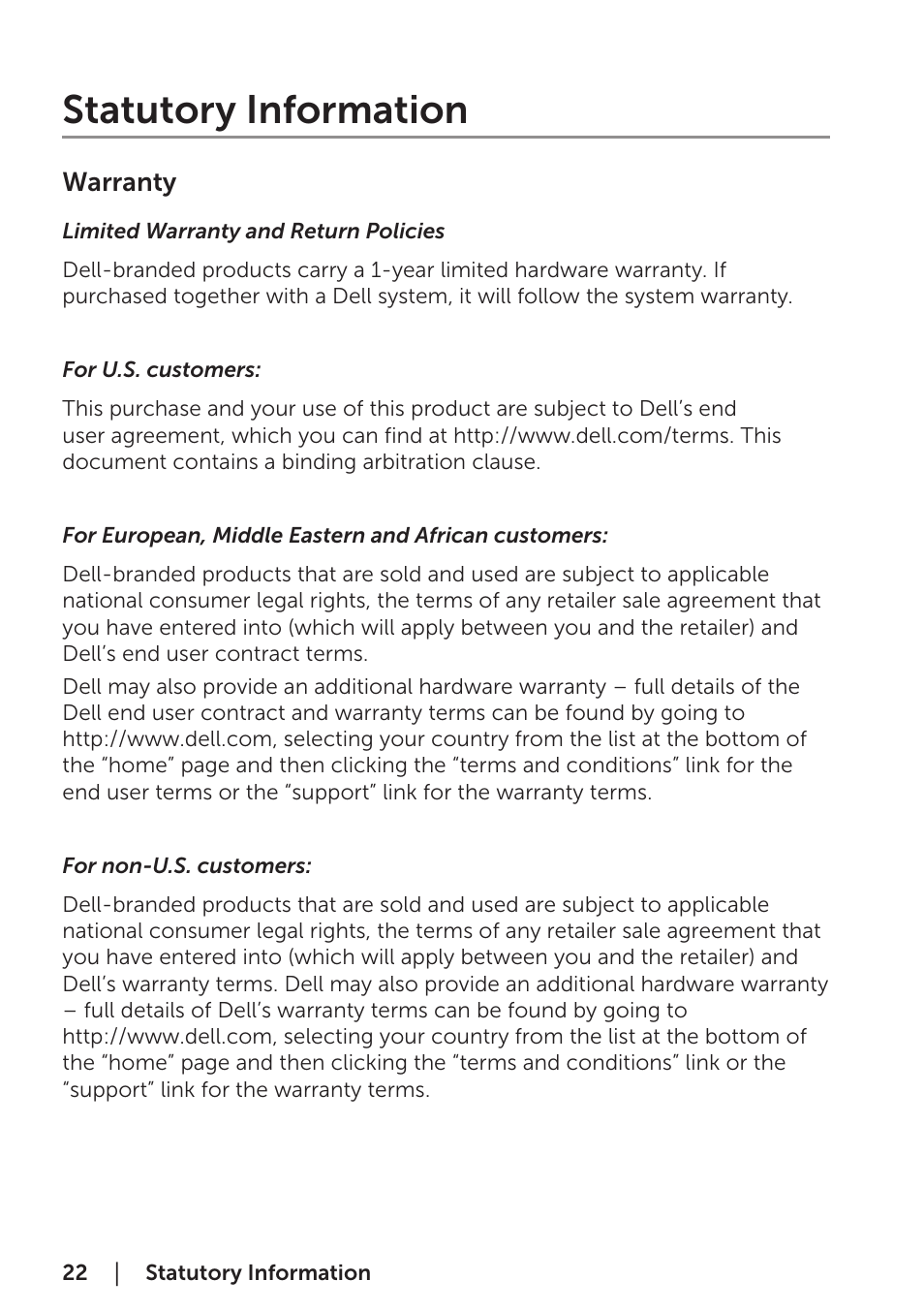 Statutory information, Warranty, Limited warranty and return policies | For u.s. customers, For european, middle eastern and african customers, For non-u.s. customers | Dell Bluetooth Mouse WM615 User Manual | Page 22 / 23