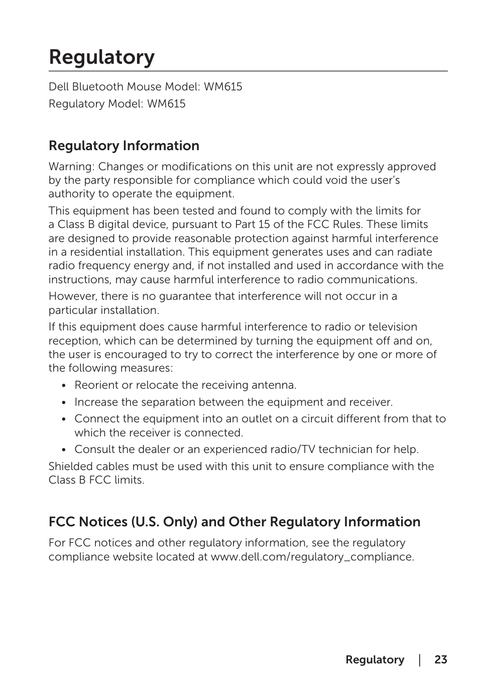 Regulatory, Regulatory information | Dell Bluetooth Mouse WM615 User Manual | Page 23 / 23