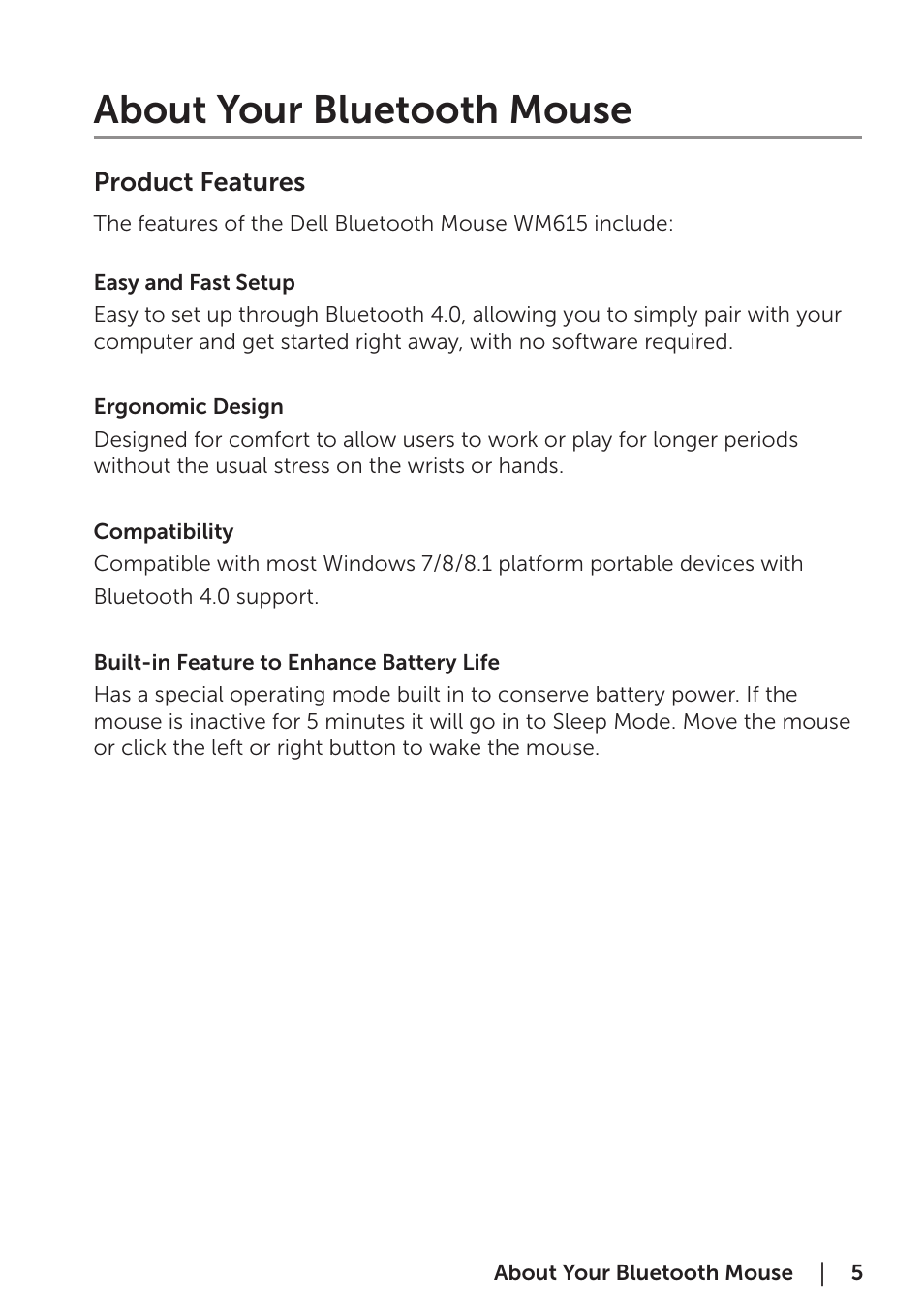 About your bluetooth mouse, Product features | Dell Bluetooth Mouse WM615 User Manual | Page 5 / 23