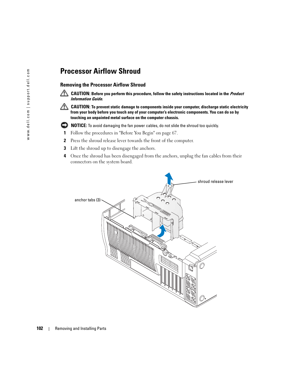Processor airflow shroud, Removing the processor airflow shroud | Dell XPS/Dimension XPS Gen 4 User Manual | Page 102 / 154