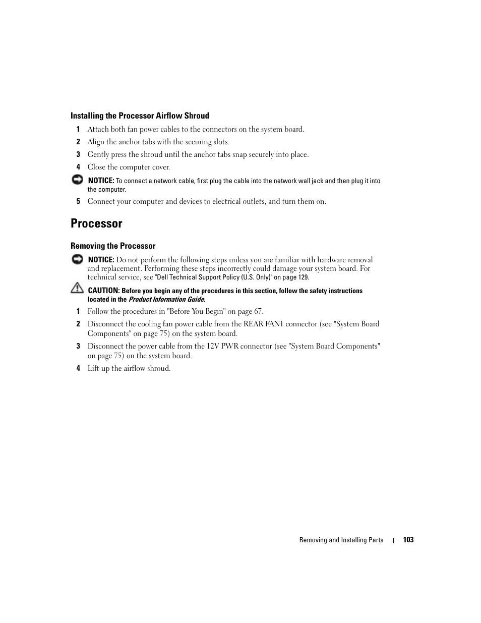 Installing the processor airflow shroud, Processor, Removing the processor | Dell XPS/Dimension XPS Gen 4 User Manual | Page 103 / 154