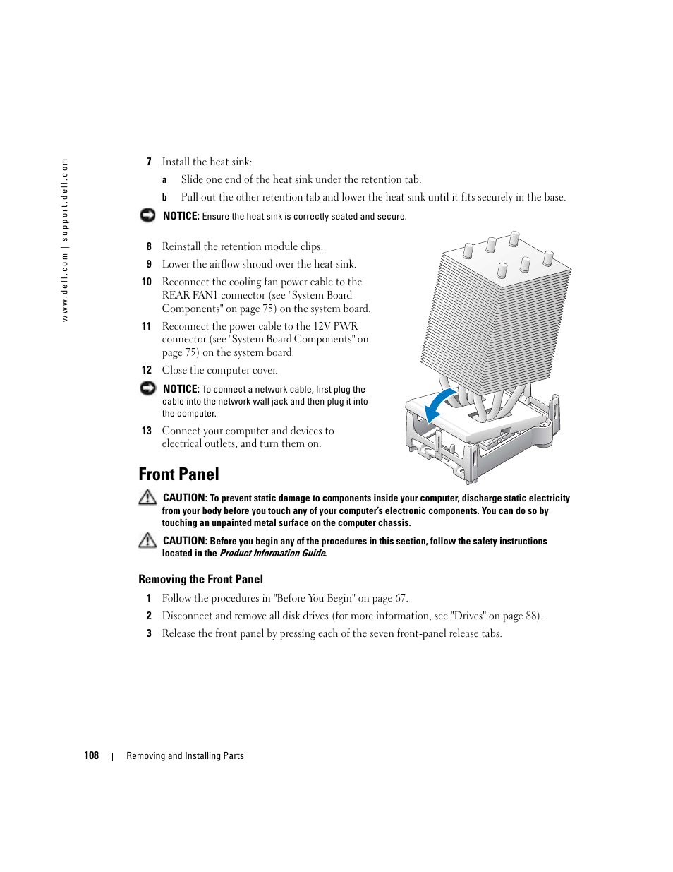 Front panel, Removing the front panel | Dell XPS/Dimension XPS Gen 4 User Manual | Page 108 / 154