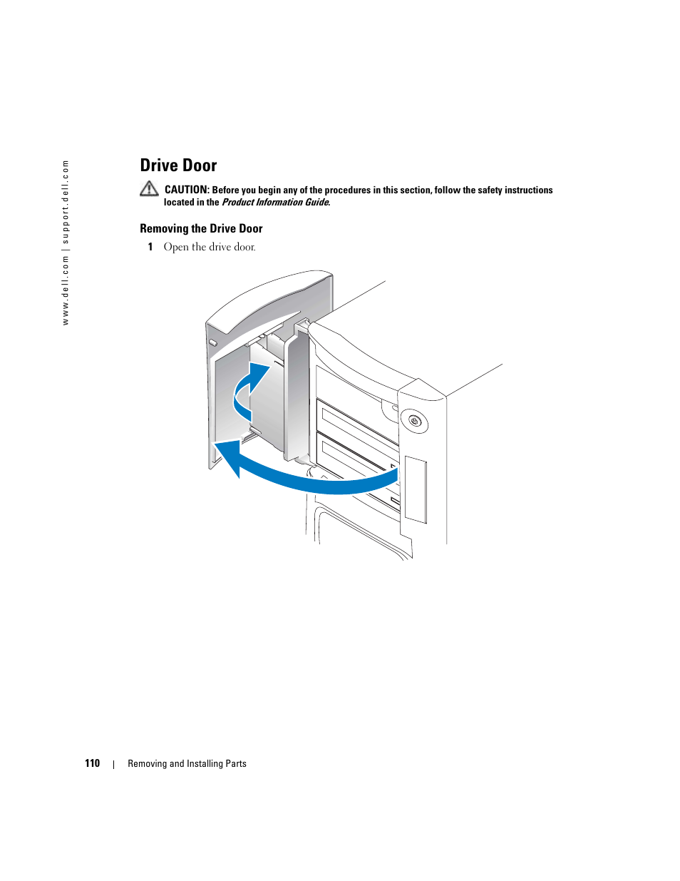 Drive door, Removing the drive door | Dell XPS/Dimension XPS Gen 4 User Manual | Page 110 / 154