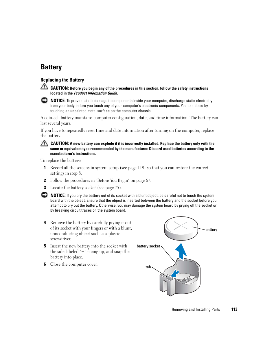 Battery, Replacing the battery | Dell XPS/Dimension XPS Gen 4 User Manual | Page 113 / 154