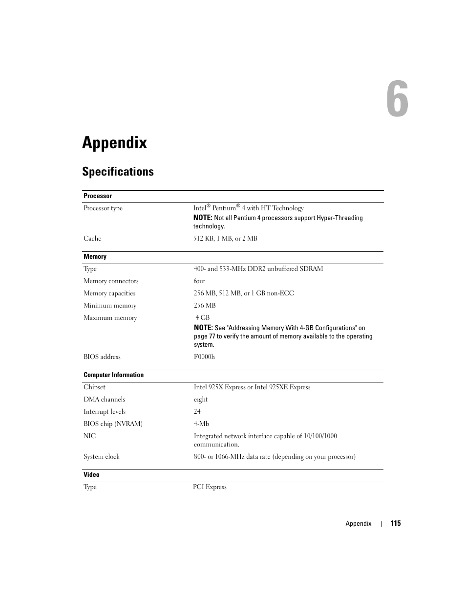 Appendix, Specifications | Dell XPS/Dimension XPS Gen 4 User Manual | Page 115 / 154