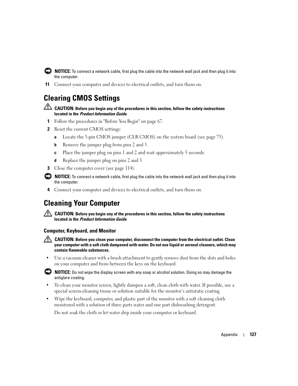 Clearing cmos settings, Cleaning your computer, Computer, keyboard, and monitor | Dell XPS/Dimension XPS Gen 4 User Manual | Page 127 / 154