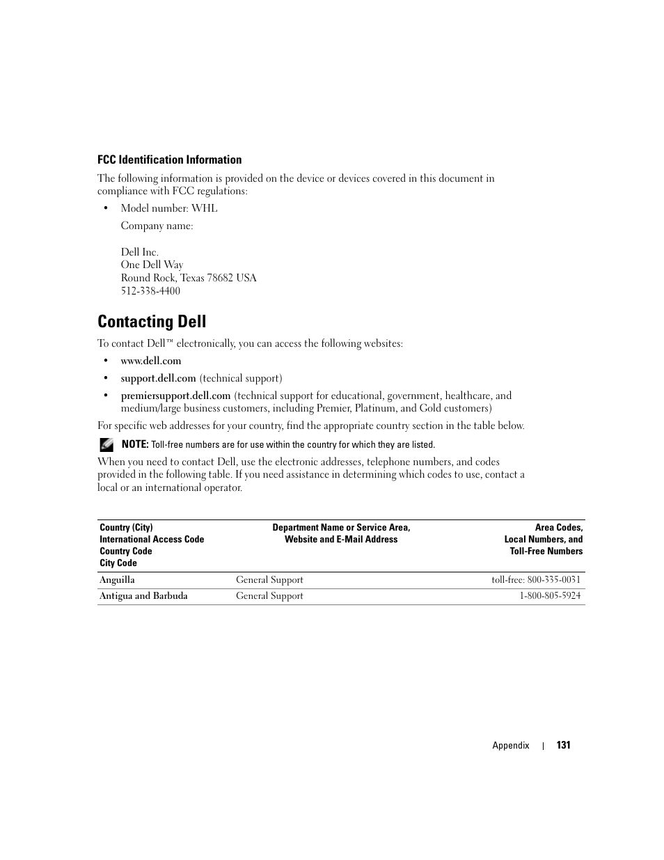 Fcc identification information, Contacting dell | Dell XPS/Dimension XPS Gen 4 User Manual | Page 131 / 154