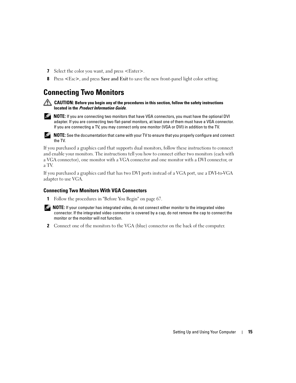 Connecting two monitors, Connecting two monitors with vga connectors | Dell XPS/Dimension XPS Gen 4 User Manual | Page 15 / 154