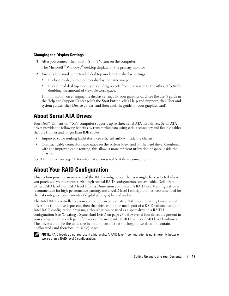 Changing the display settings, About serial ata drives, About your raid configuration | Dell XPS/Dimension XPS Gen 4 User Manual | Page 17 / 154