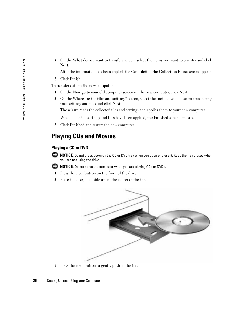 Playing cds and movies, Playing a cd or dvd | Dell XPS/Dimension XPS Gen 4 User Manual | Page 26 / 154