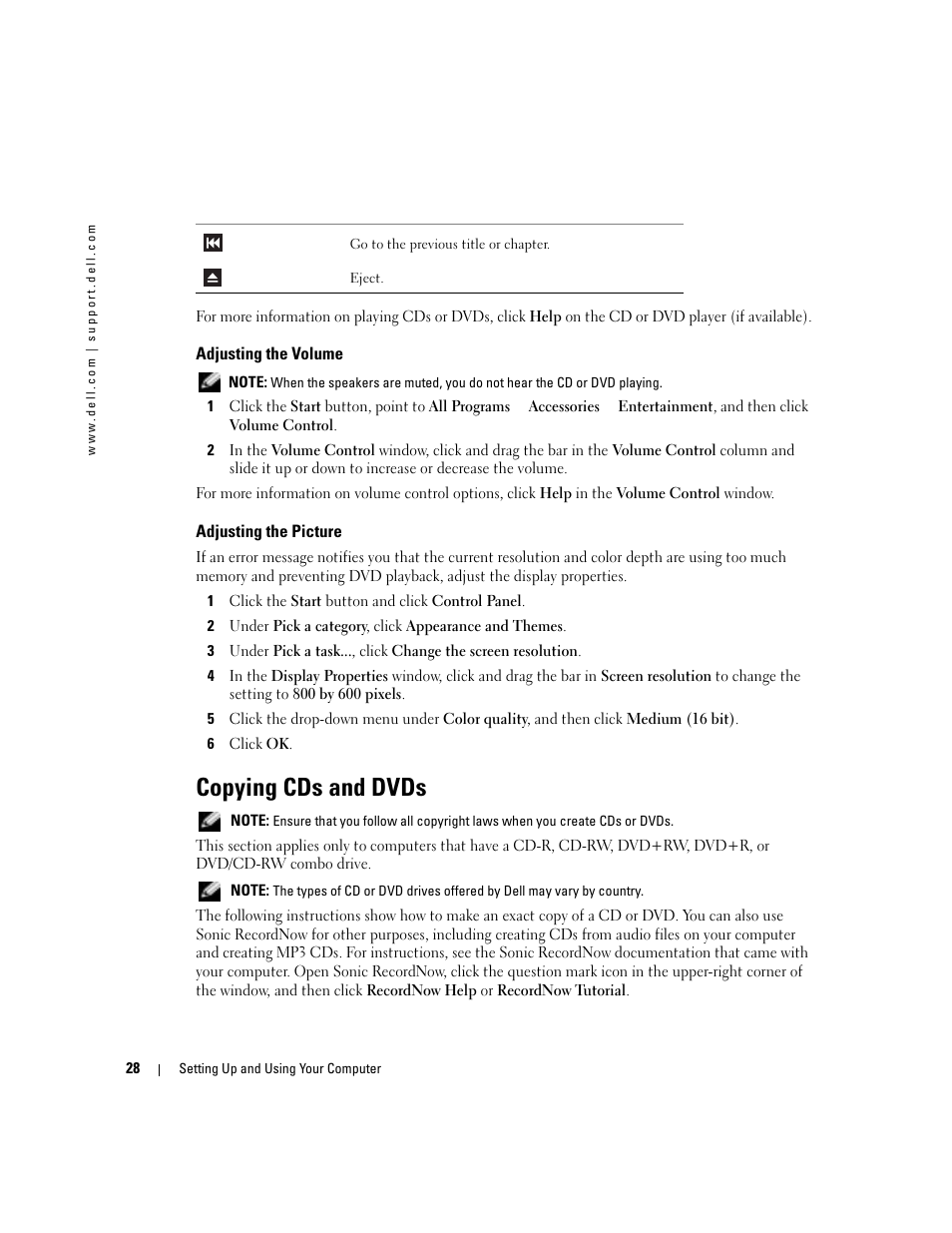 Adjusting the volume, Adjusting the picture, Copying cds and dvds | Dell XPS/Dimension XPS Gen 4 User Manual | Page 28 / 154