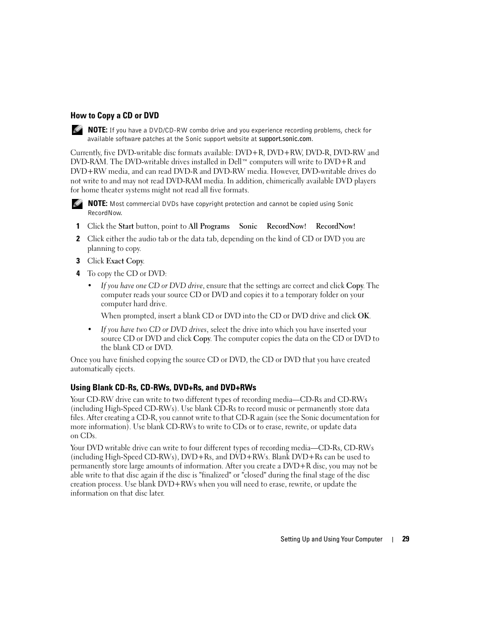 How to copy a cd or dvd, Using blank cd-rs, cd-rws, dvd+rs, and dvd+rws | Dell XPS/Dimension XPS Gen 4 User Manual | Page 29 / 154