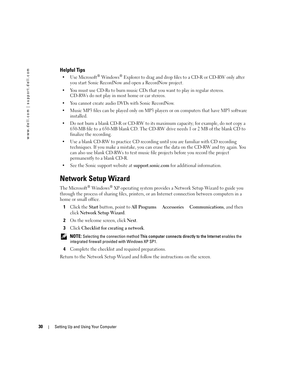 Helpful tips, Network setup wizard | Dell XPS/Dimension XPS Gen 4 User Manual | Page 30 / 154