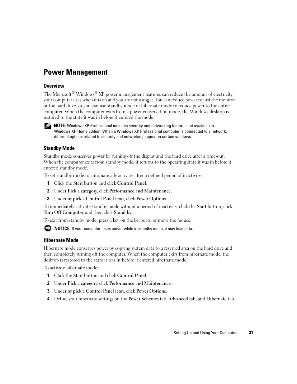 Power management, Overview, Standby mode | Hibernate mode | Dell XPS/Dimension XPS Gen 4 User Manual | Page 31 / 154