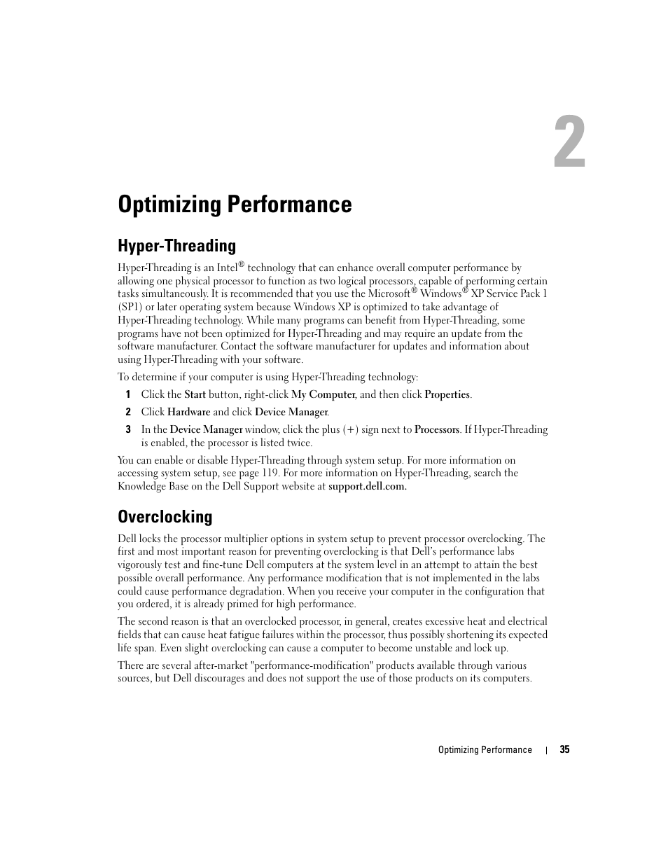 Optimizing performance, Hyper-threading, Overclocking | Dell XPS/Dimension XPS Gen 4 User Manual | Page 35 / 154