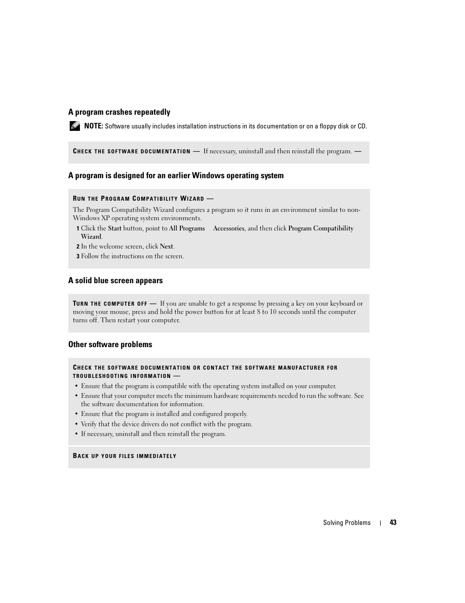 A program crashes repeatedly, A solid blue screen appears, Other software problems | Dell XPS/Dimension XPS Gen 4 User Manual | Page 43 / 154
