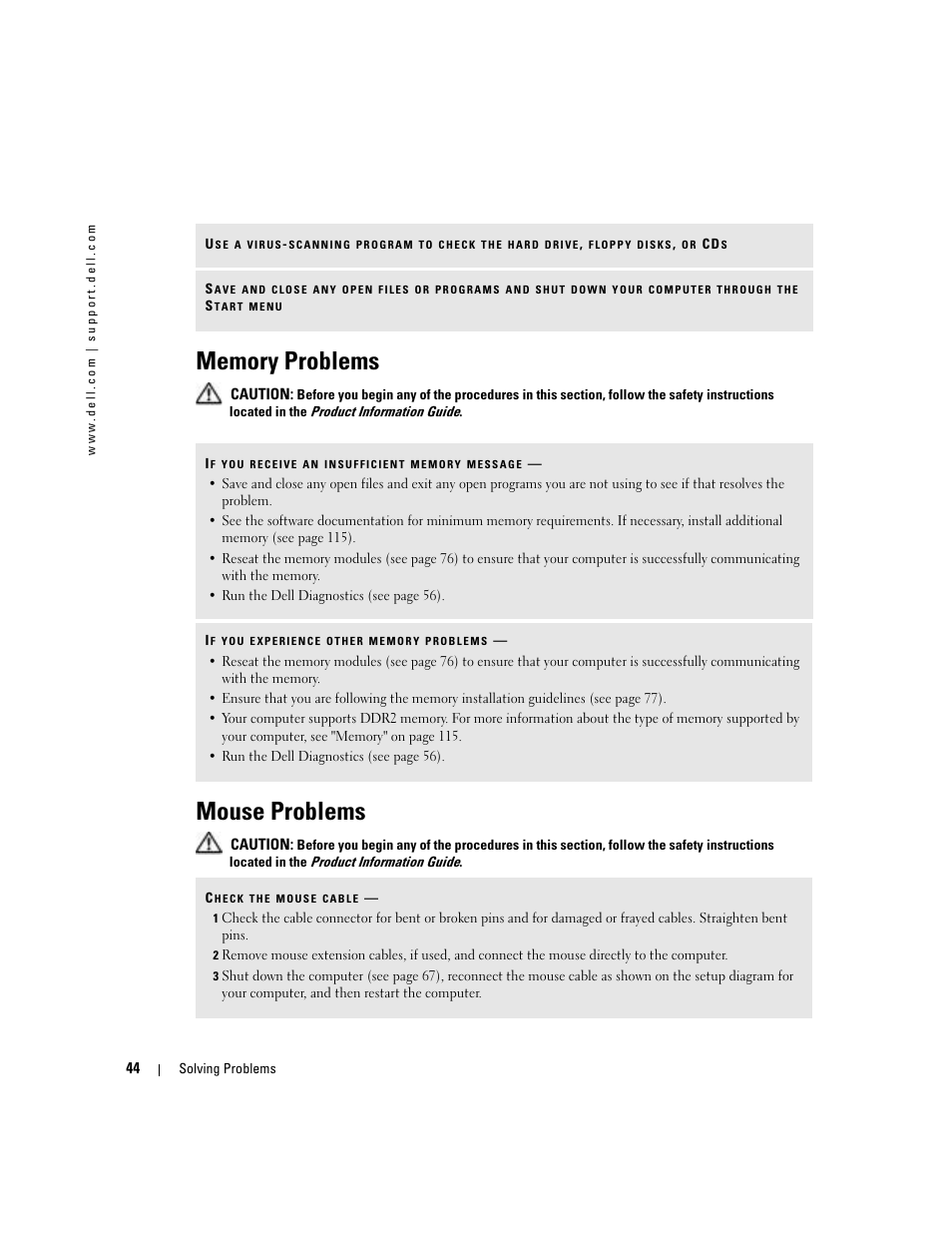 Memory problems, Mouse problems, Click phone and modem options | Dell XPS/Dimension XPS Gen 4 User Manual | Page 44 / 154