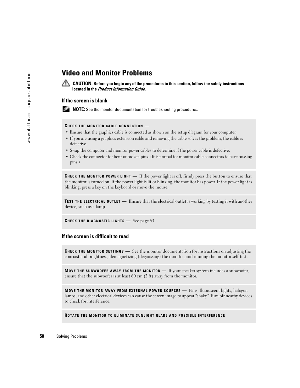 Video and monitor problems, If the screen is blank, If the screen is difficult to read | Dell XPS/Dimension XPS Gen 4 User Manual | Page 50 / 154