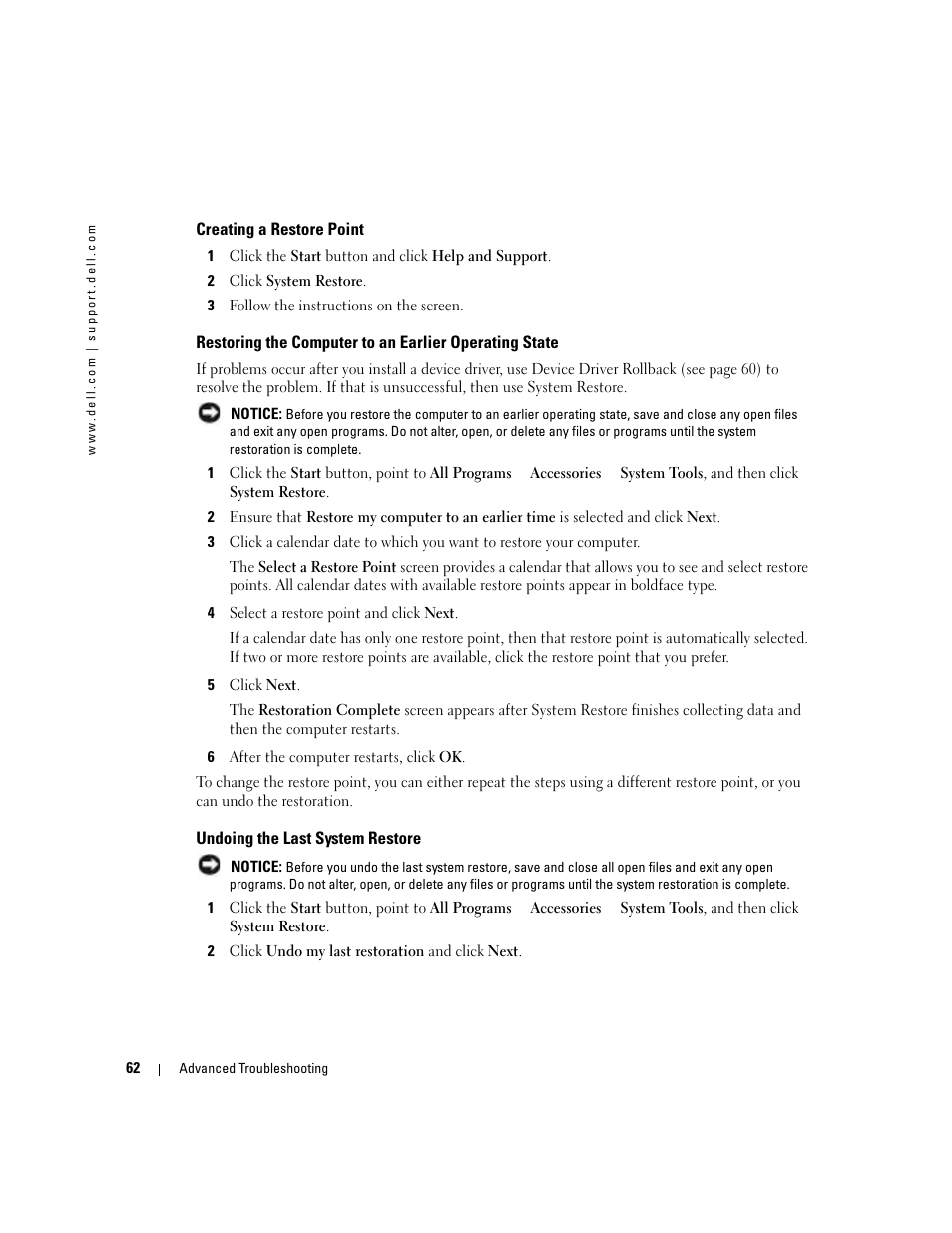 Creating a restore point, Undoing the last system restore | Dell XPS/Dimension XPS Gen 4 User Manual | Page 62 / 154